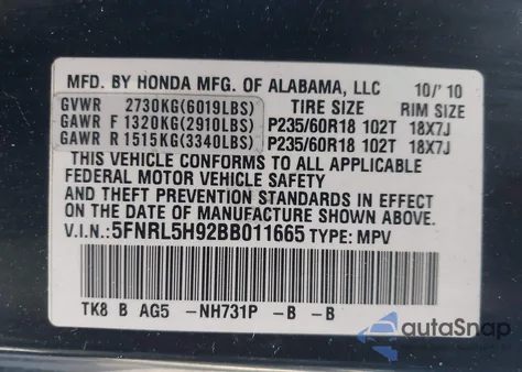 2011 Honda Odyssey Touring/Touring Elite z USA, uszkodzony, nr VIN 5FNRL5H92BB011665